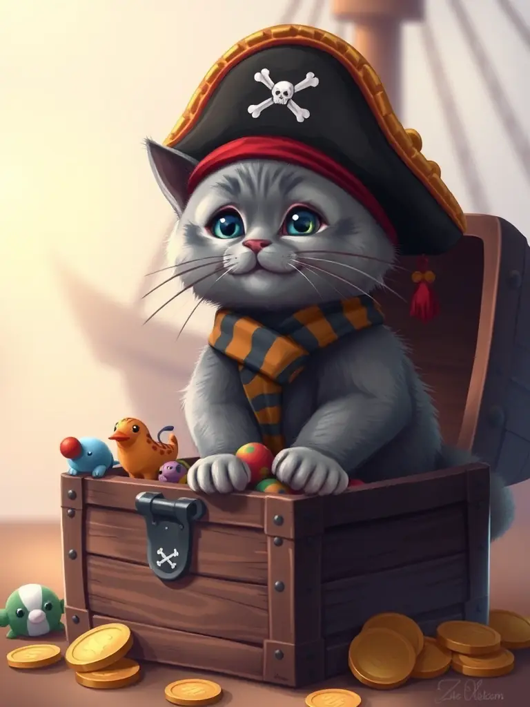 A creative photograph of a cat dressed in a miniature pirate costume, sitting amidst a treasure chest filled with cat toys, exemplifying WhiskerFrame Photography's themed shoot capabilities.