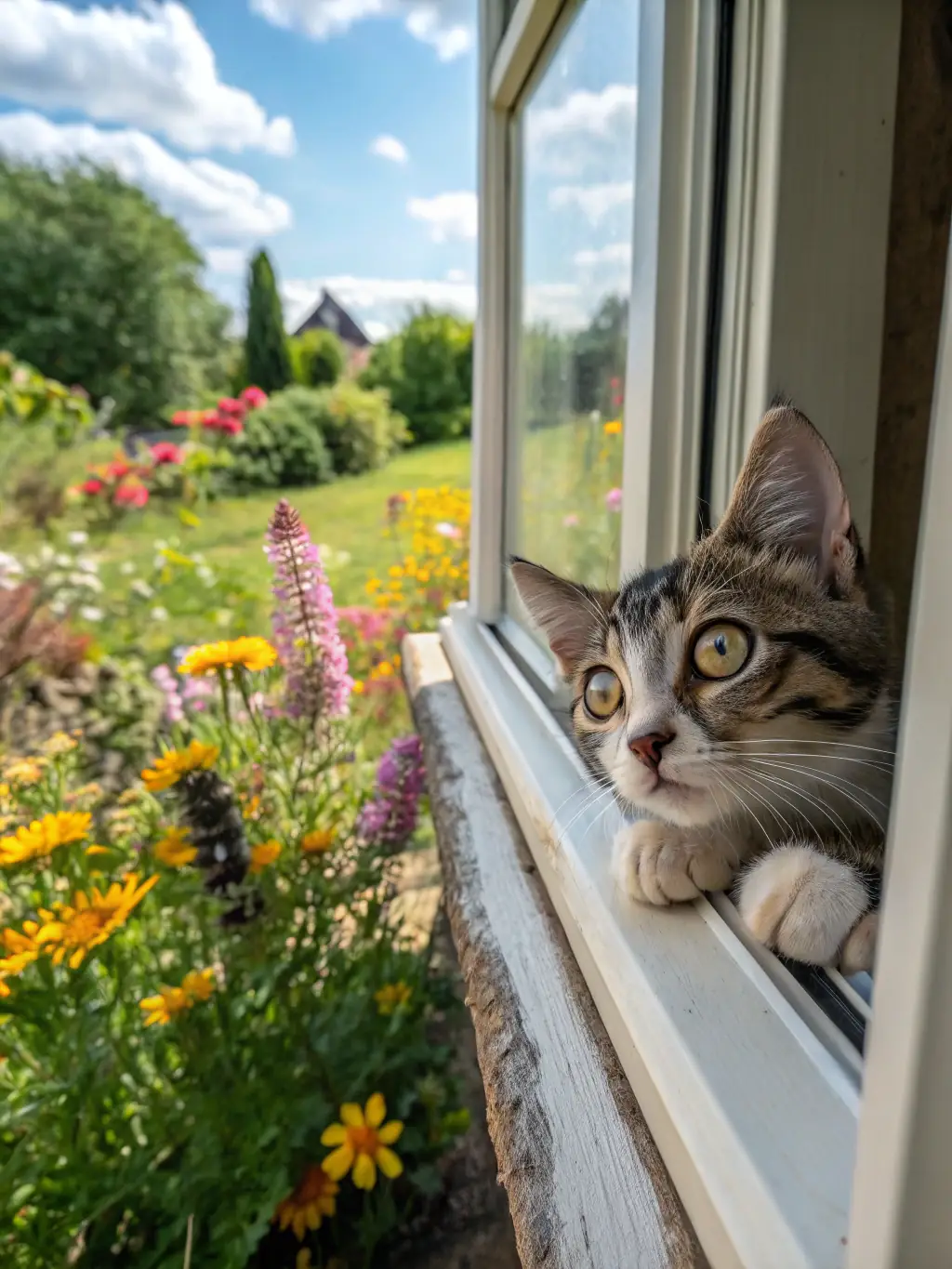 A vibrant photograph of a cat in a lush outdoor garden, surrounded by colorful flowers and natural sunlight, capturing its playful and curious nature.