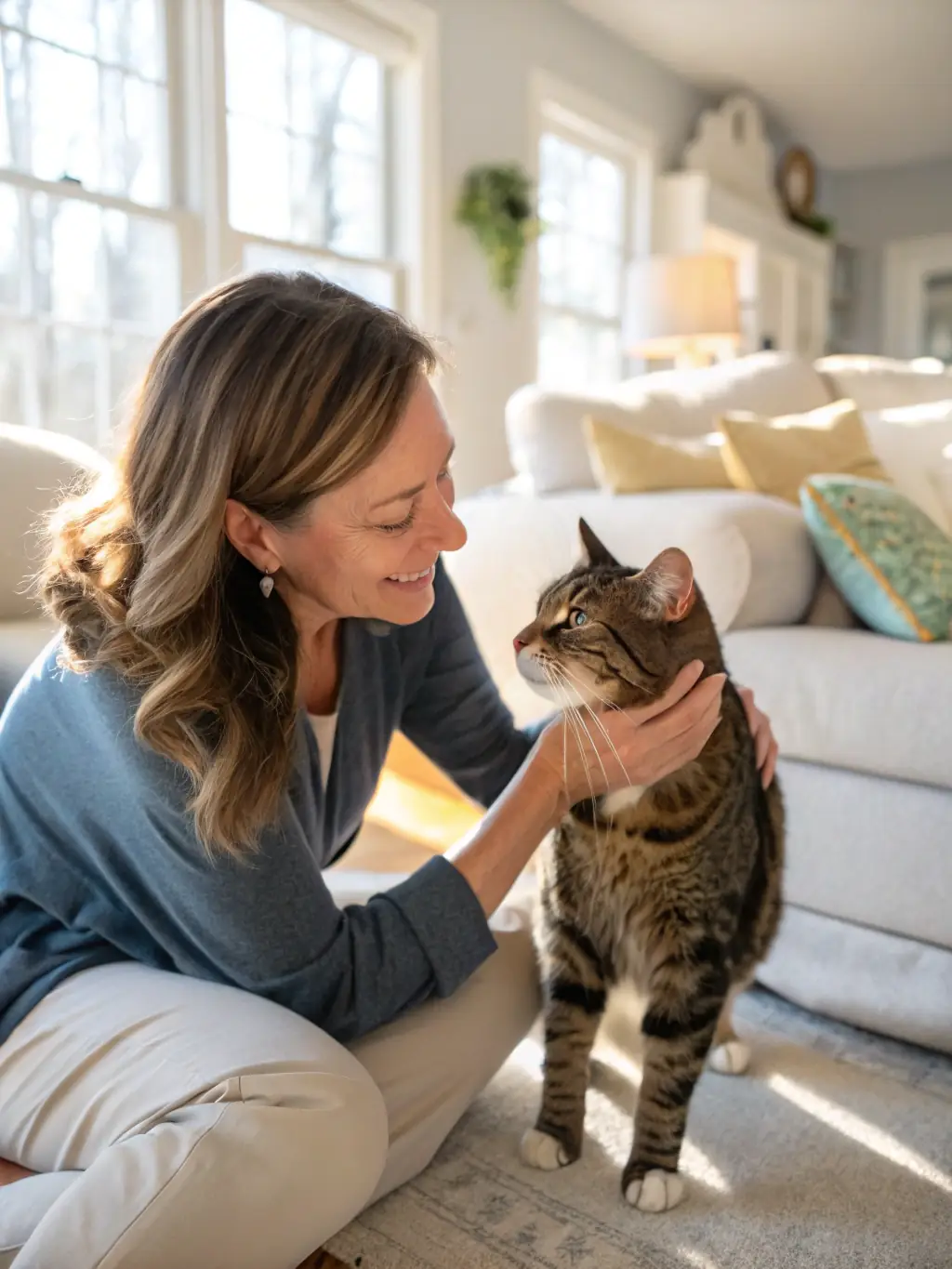 A heartwarming photograph of a cat being held by its owner in a comfortable home setting, capturing a genuine moment of affection and connection.