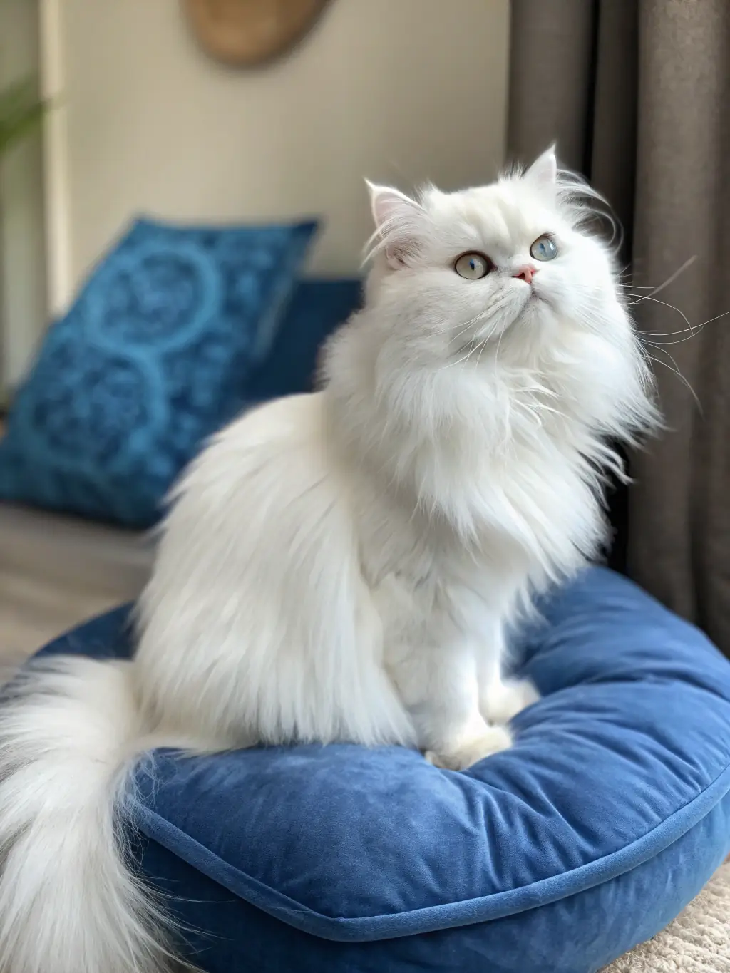 A professional photograph of a fluffy Persian cat posing elegantly on a velvet cushion in a well-lit indoor studio setting, showcasing the quality of WhiskerFrame Photography's indoor portrait services.