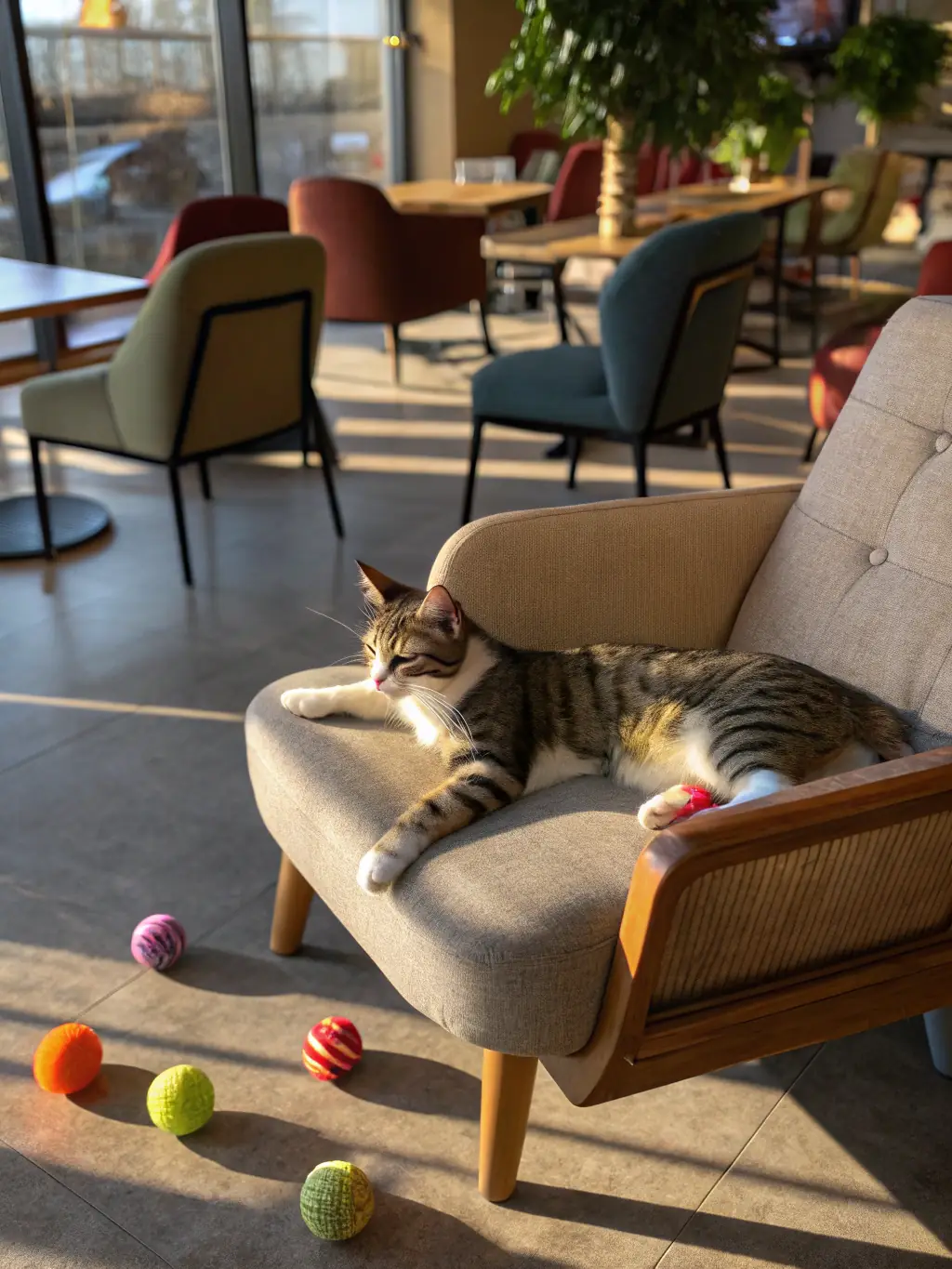 A creative photograph of a cat lounging on a vintage armchair with a themed backdrop and props, showcasing a personalized and artistic setup.
